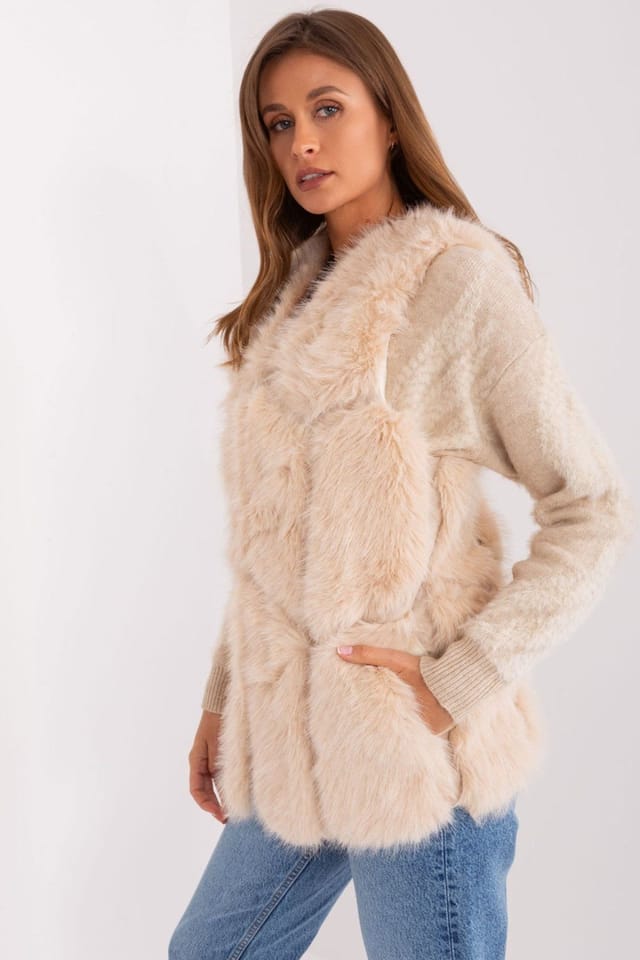 Love Lace Love Lace Women's Lined Faux Fur Polyester Vest with Pockets in Beige - 2