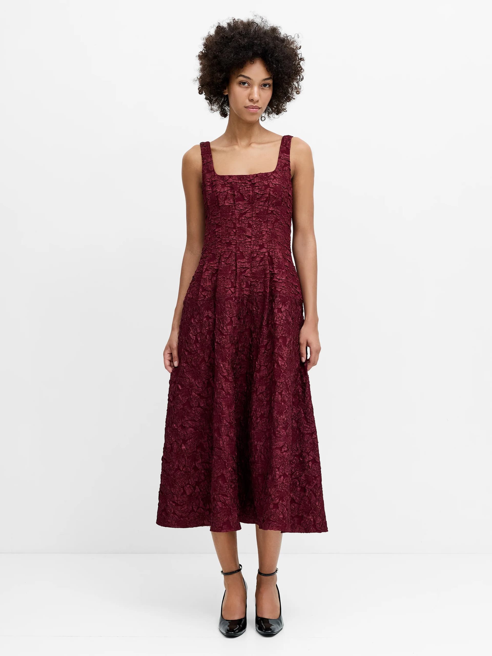 French Connection Milenda Floral Jacquard Burgundy Midi Dress Cherry Liqueur