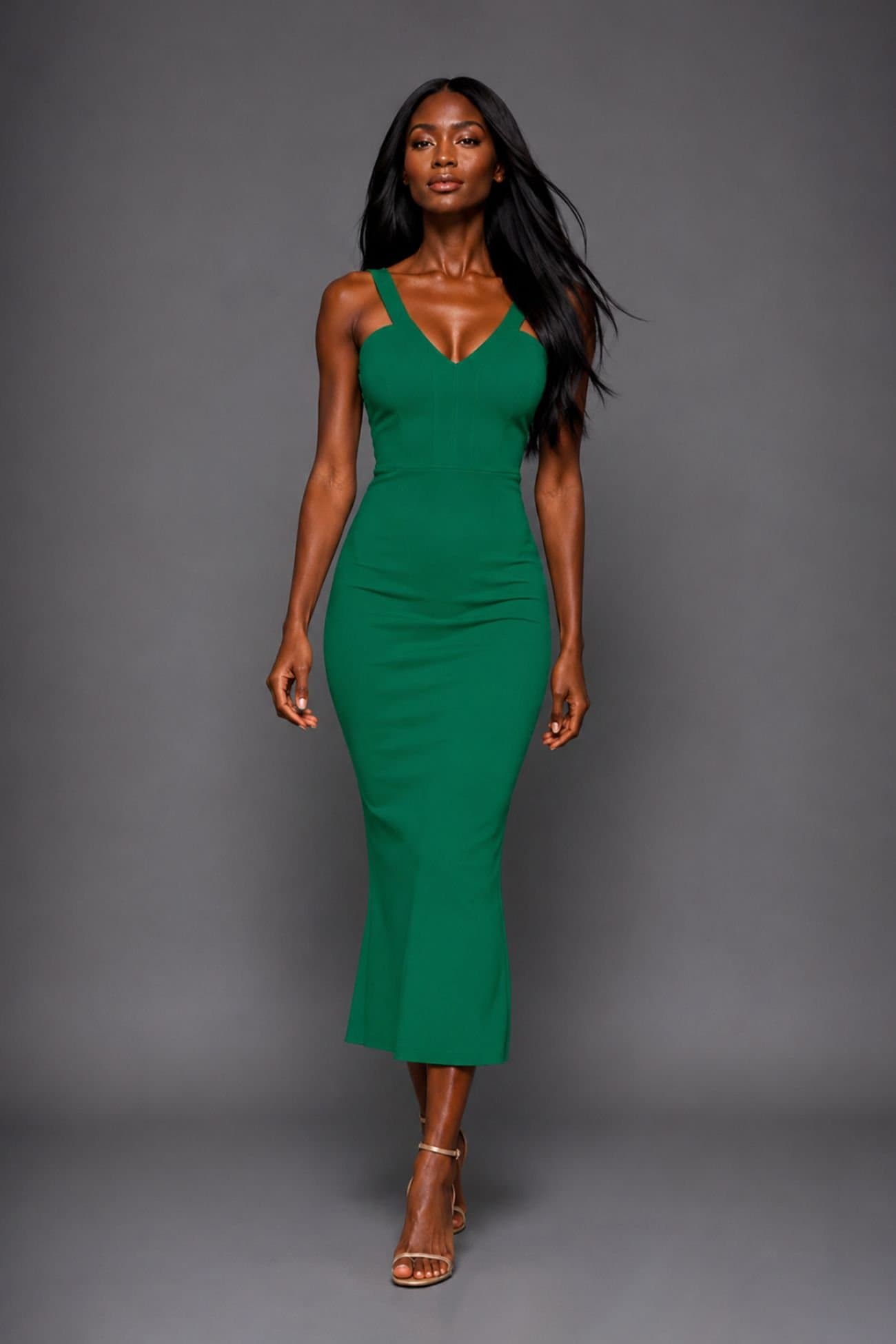 Vesper Vesper Women's V Neck Bodycon Midaxi Dress in Emerald