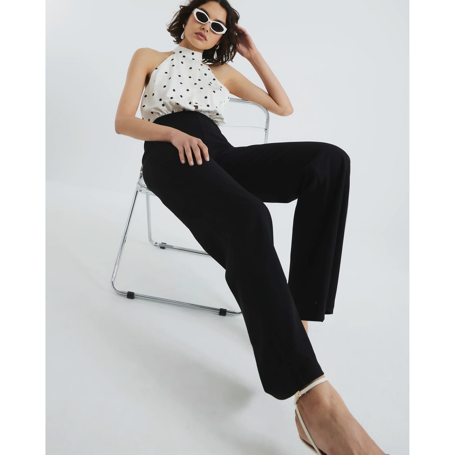 River Island River Island Womens Cream Polka Dot Halter Neck Jumpsuit