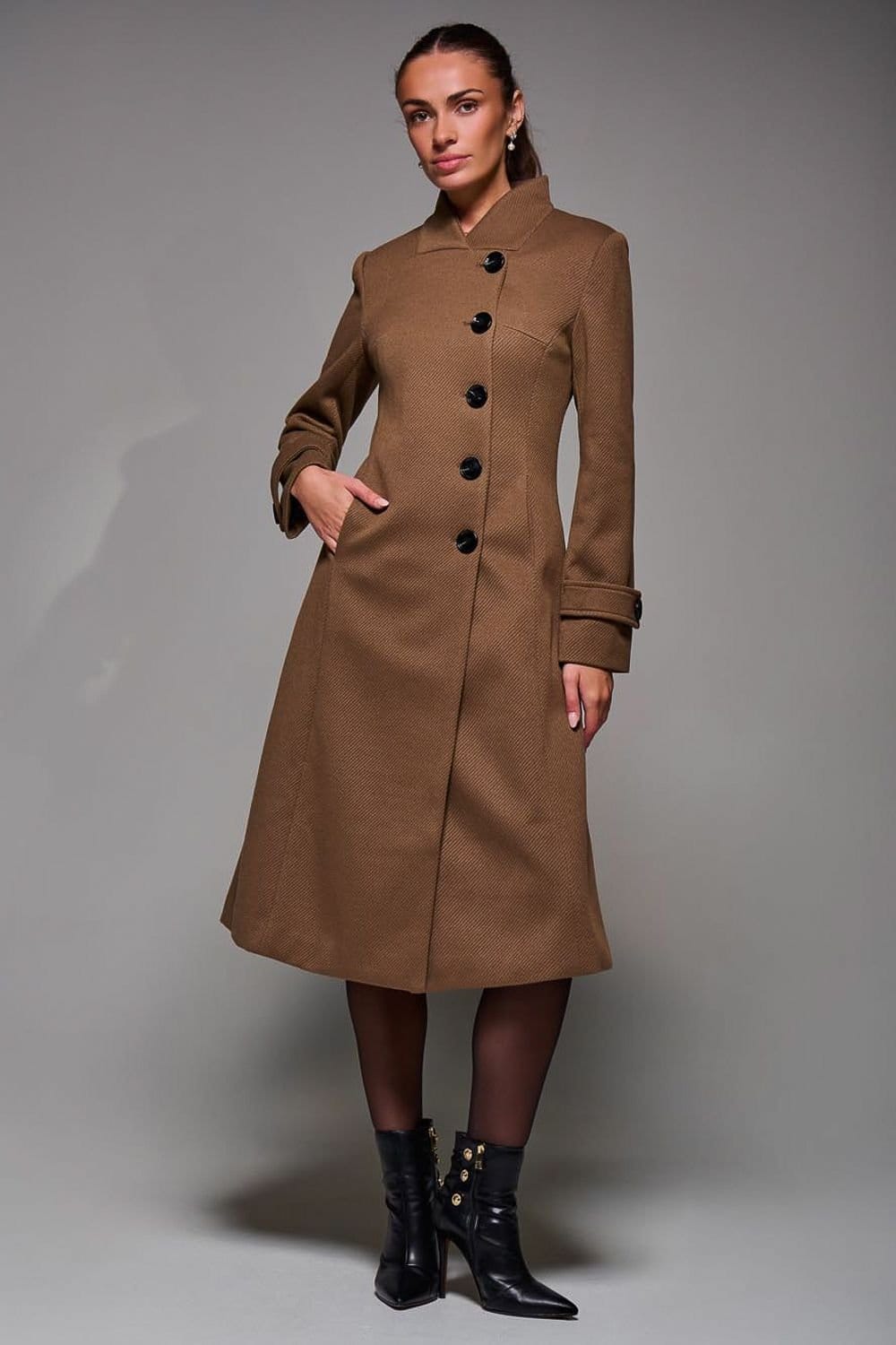 Jolie Moi Brown Wool-Like Polyester Fit & Flare Coat