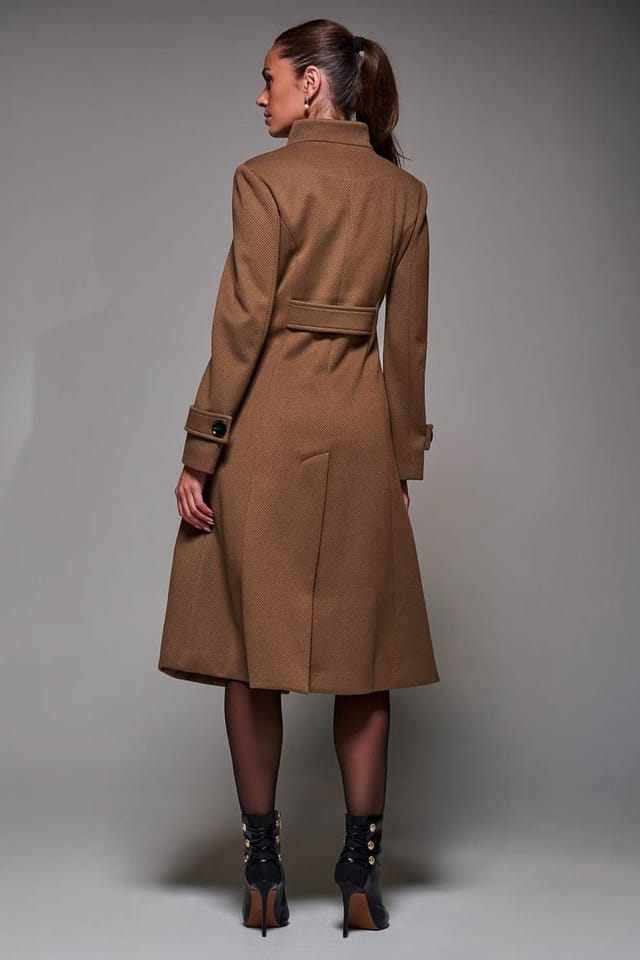 Jolie Moi Jolie Moi Women's Asymmetric Button Detail Fit & Flare Coat in Brown - 2