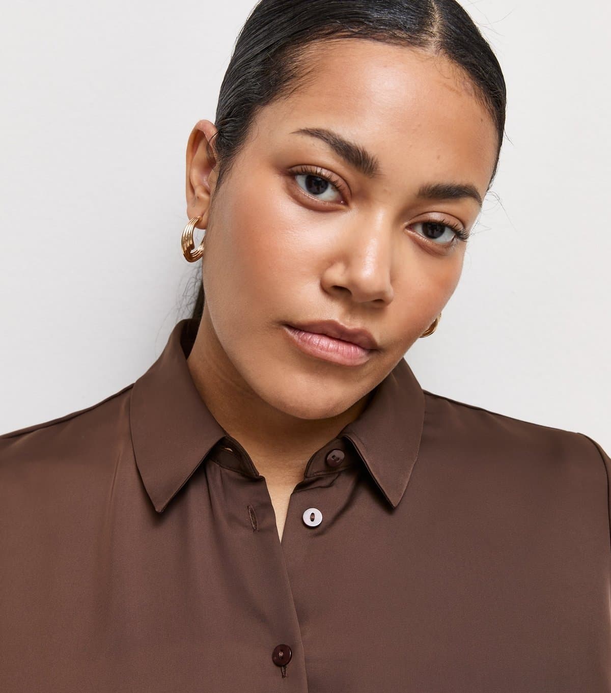 New Look Women's Plus Size Dark Brown Satin Long Sleeve Shirt Curves New Look