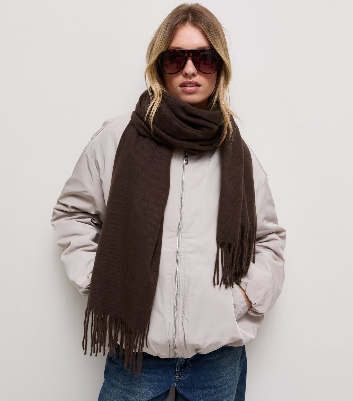 New Look Dark Brown Classic Fringed Scarf New Look