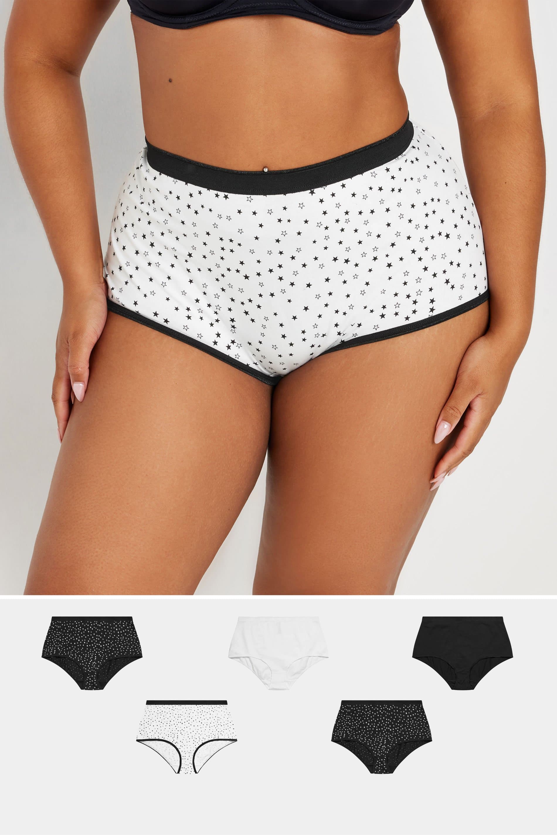 Yours 5 Pack Plus Size Black & White Star Print High Waisted Shorts