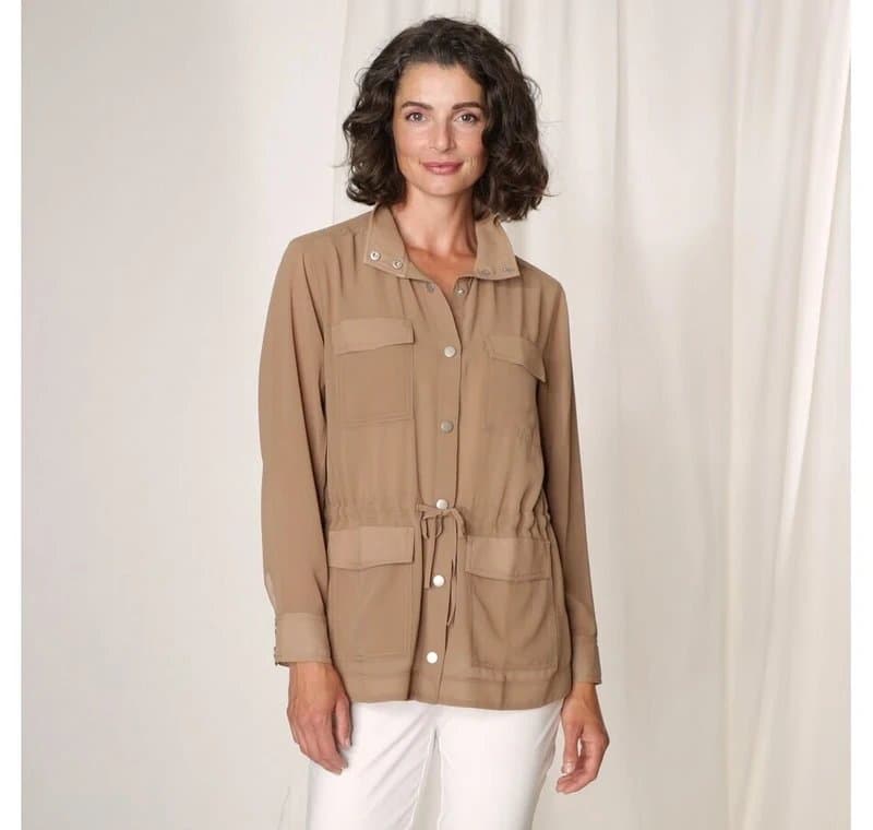 MARLA WYNNE MarlaWynne Chiffon Utility Jacket Size S Brown Long Sleeve Drawstring Safari NEW