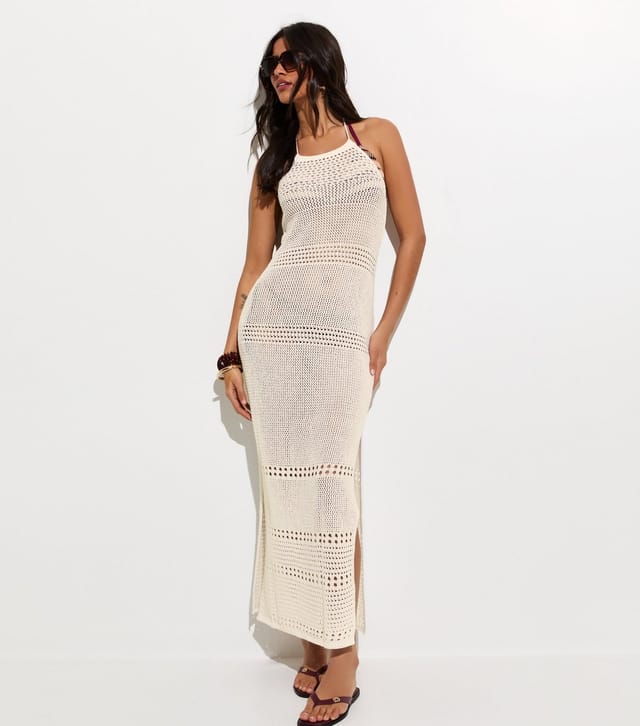 New Look Women's Cream Crochet Halter Neck Beach Maxi Dress New Look - 2