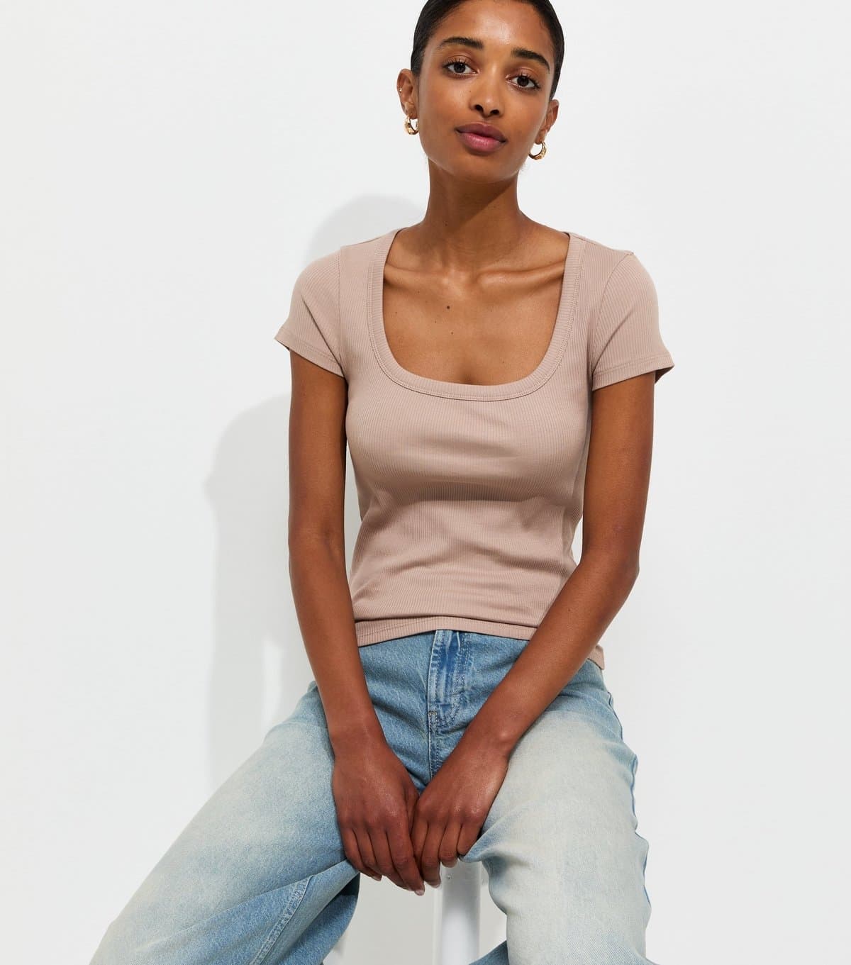 New Look Women's Stone Cotton Rich Square Neck T-Shirt New Look