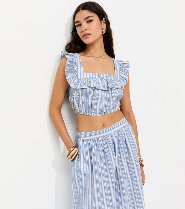 New Look Women's Blue Cotton Stripe Frill Crop Top New Look - 2