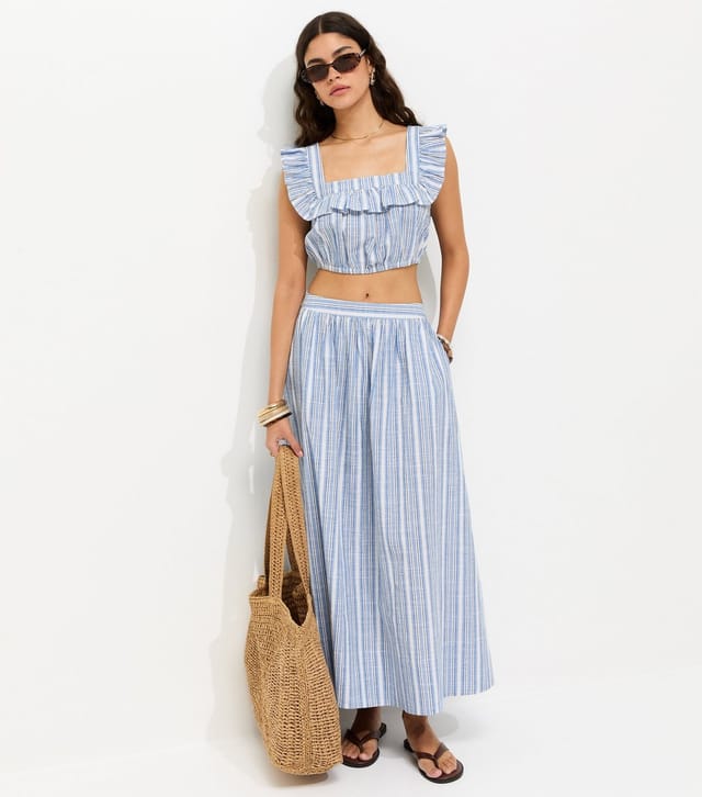 New Look Women's Blue Cotton Stripe Frill Crop Top New Look - 3