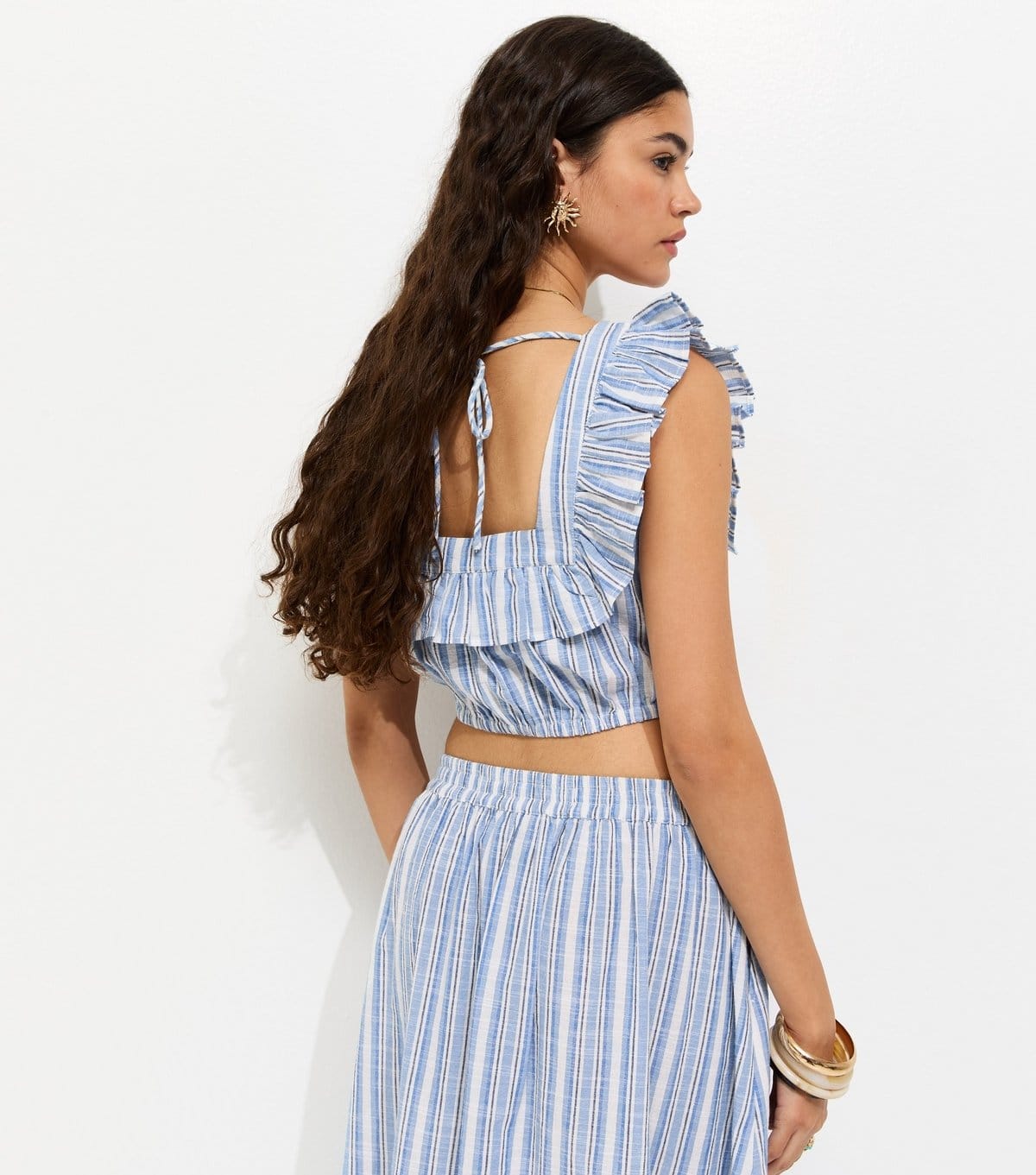 New Look Women's Blue Cotton Stripe Frill Crop Top New Look - 4