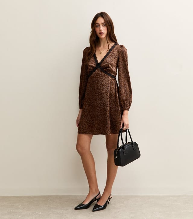 New Look Women's Brown Satin Animal Print Lace Trim Mini Dress New Look - 2