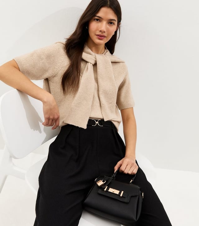 New Look Women's Black Belt Detail Pleated Crinkle Texture Wide Leg Trousers New Look - 3