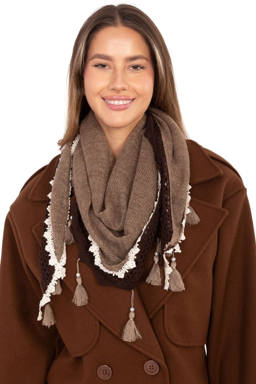 Love Lace Love Lace Women's Lightweight Viscose Triangular Scarf with Lace Trim & Pearl Fringe in Brown - 1