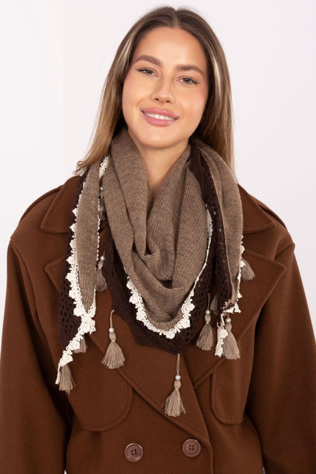 Love Lace Love Lace Women's Lightweight Viscose Triangular Scarf with Lace Trim & Pearl Fringe in Brown - 4