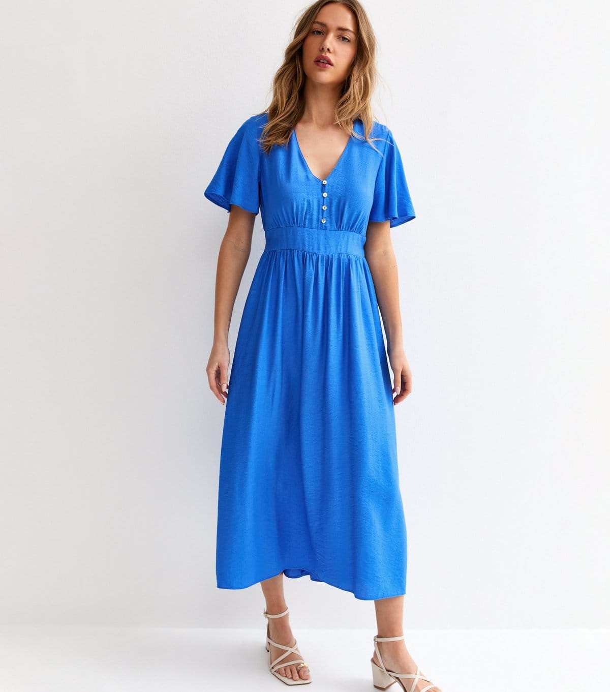 New Look Bright Blue Frill Sleeve V-Neck Midi Dress