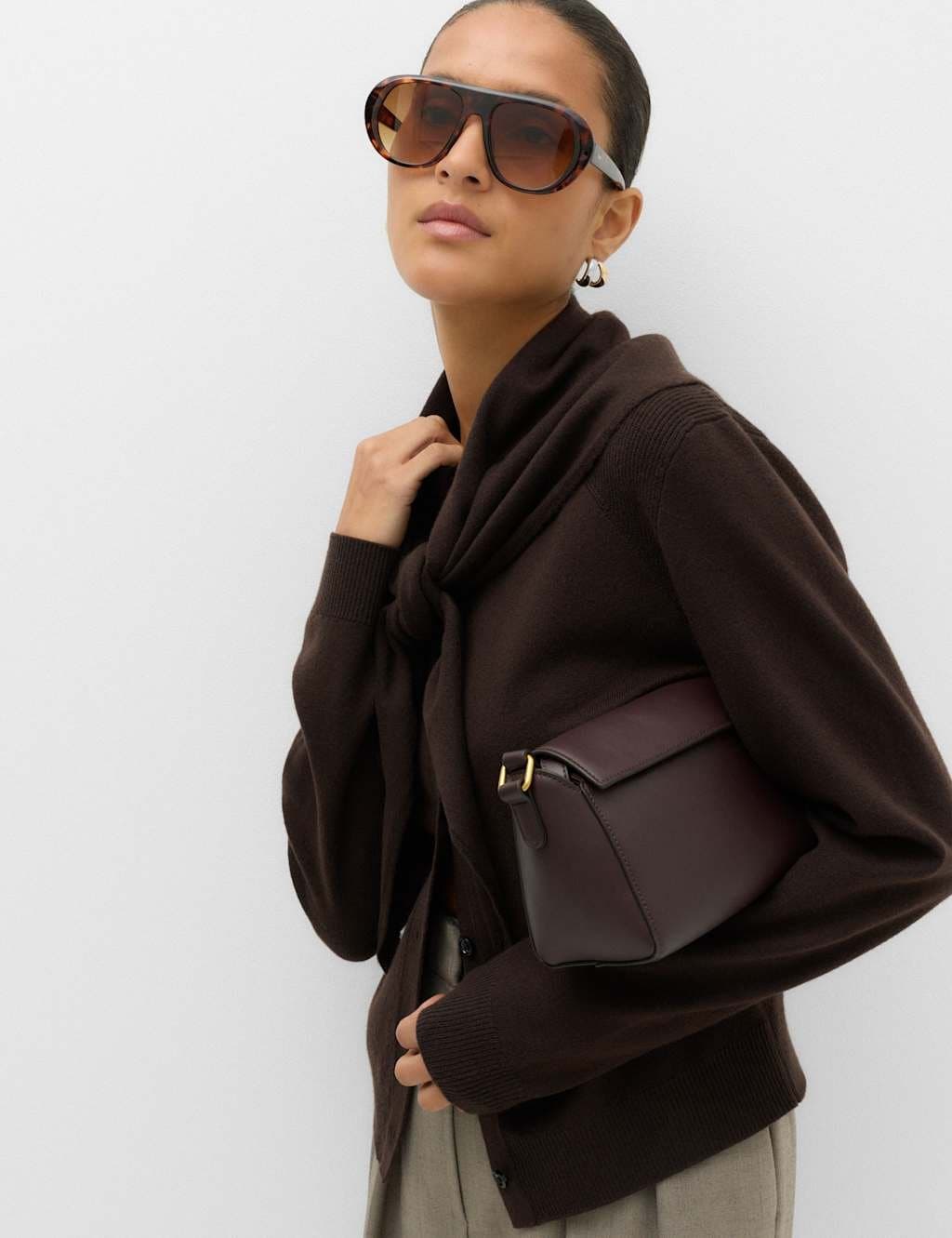 Marks & Spencer M&S Air-Yarn Scarf Neck Button Through Cardigan Bitter Chocolate