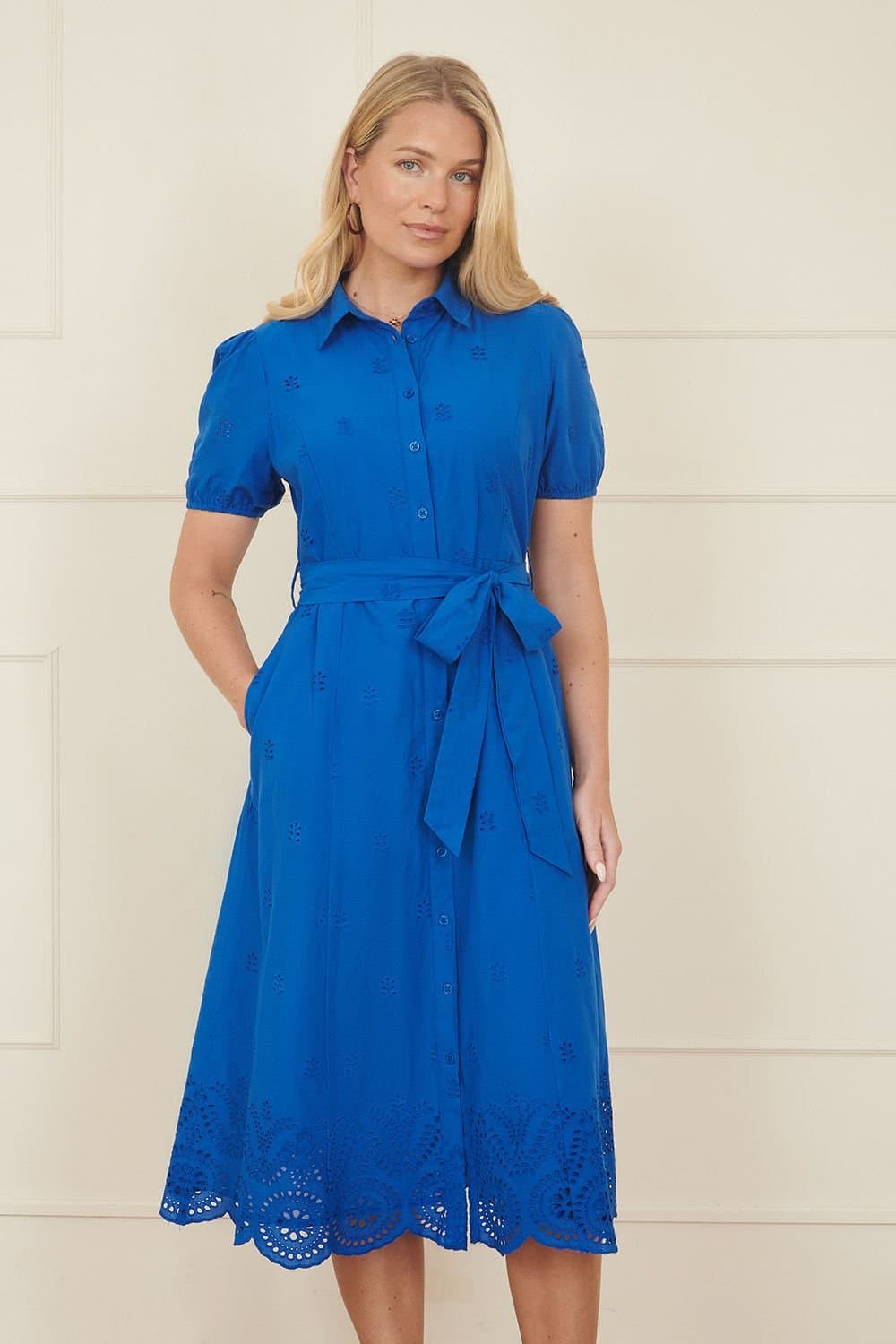 Yumi Yumi Women's Blue Cotton Shirt Midi Dress With Cut Out Details