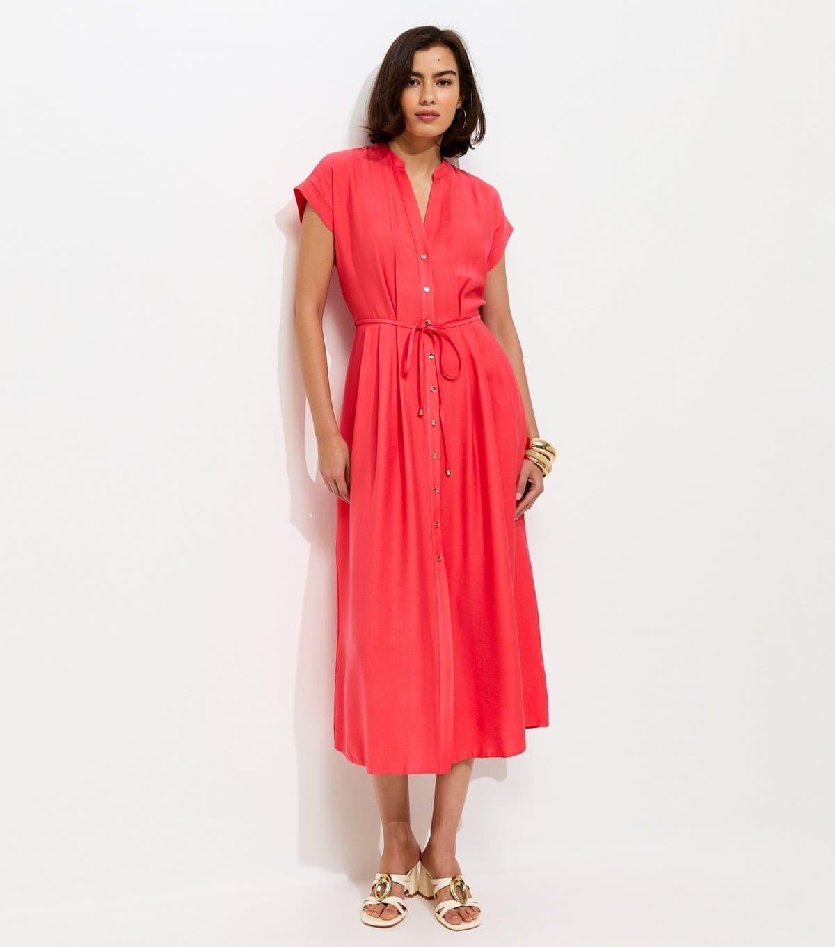 New Look Women's Dark Coral Toggle Shirt Midi Dress New Look