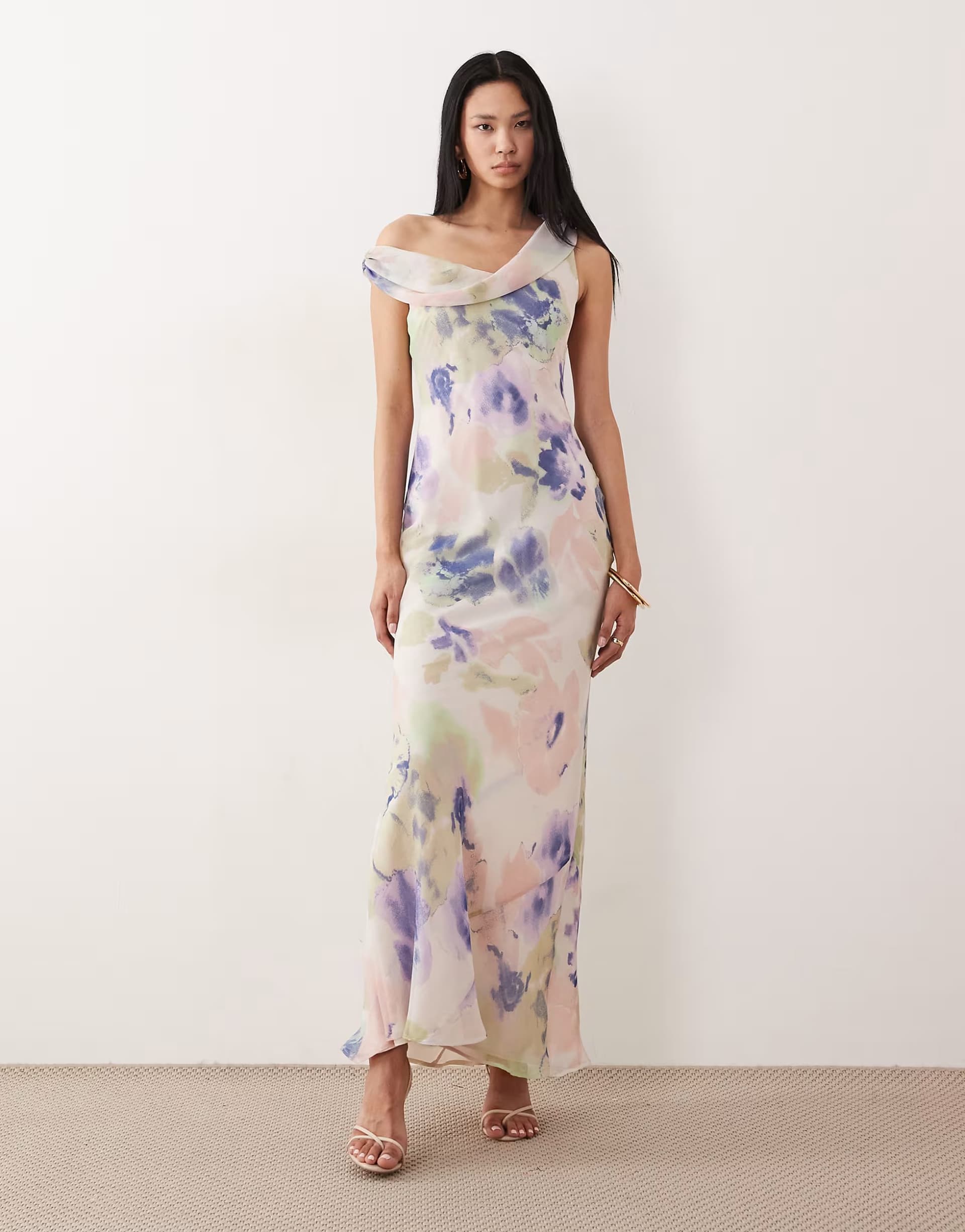 ASOS ASOS DESIGN Tall fallen twist shoulder chiffon midi dress in abstract print