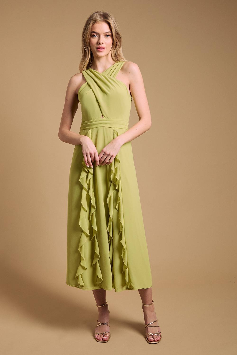 Oasis Oasis Women's Halter Neck Ruffle Maxi Dress in Chartreuse - 2