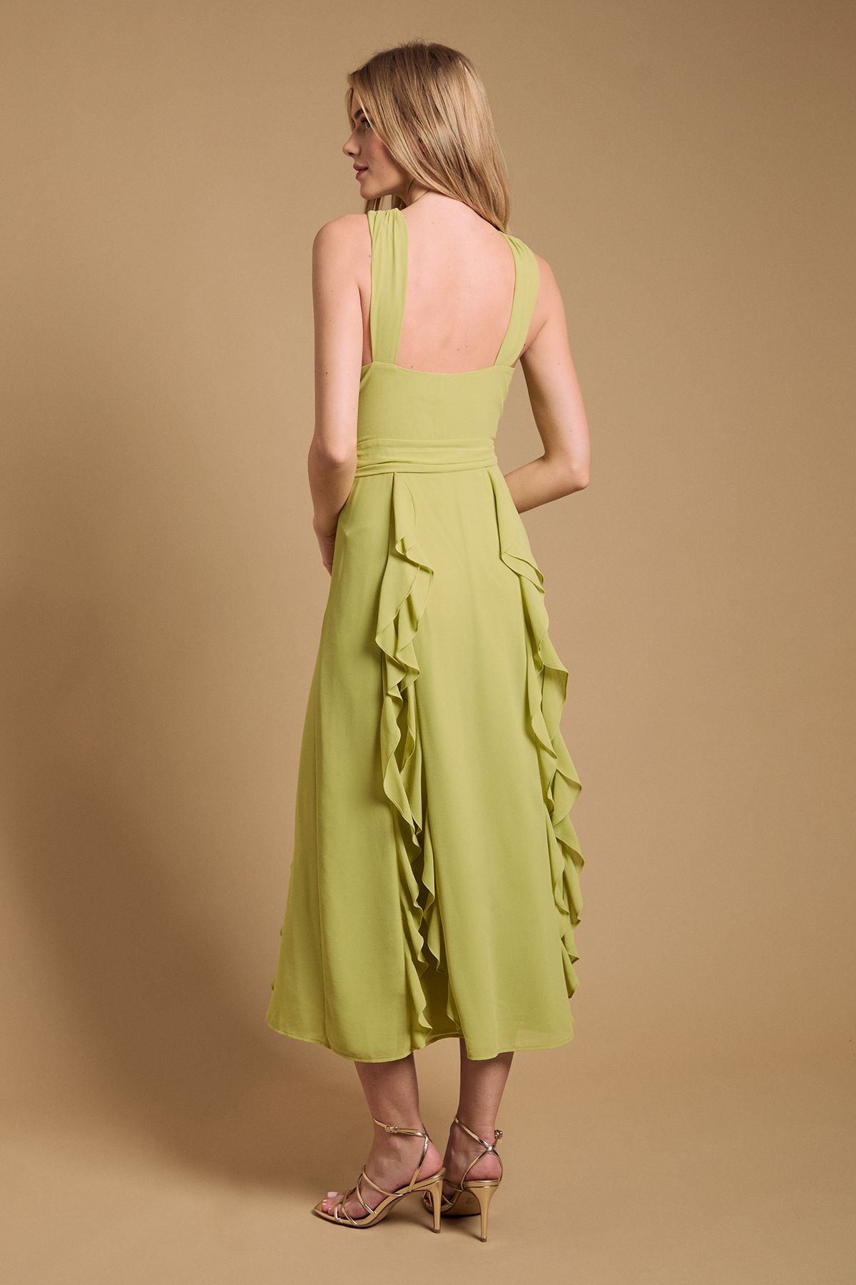 Oasis Oasis Women's Halter Neck Ruffle Maxi Dress in Chartreuse - 3