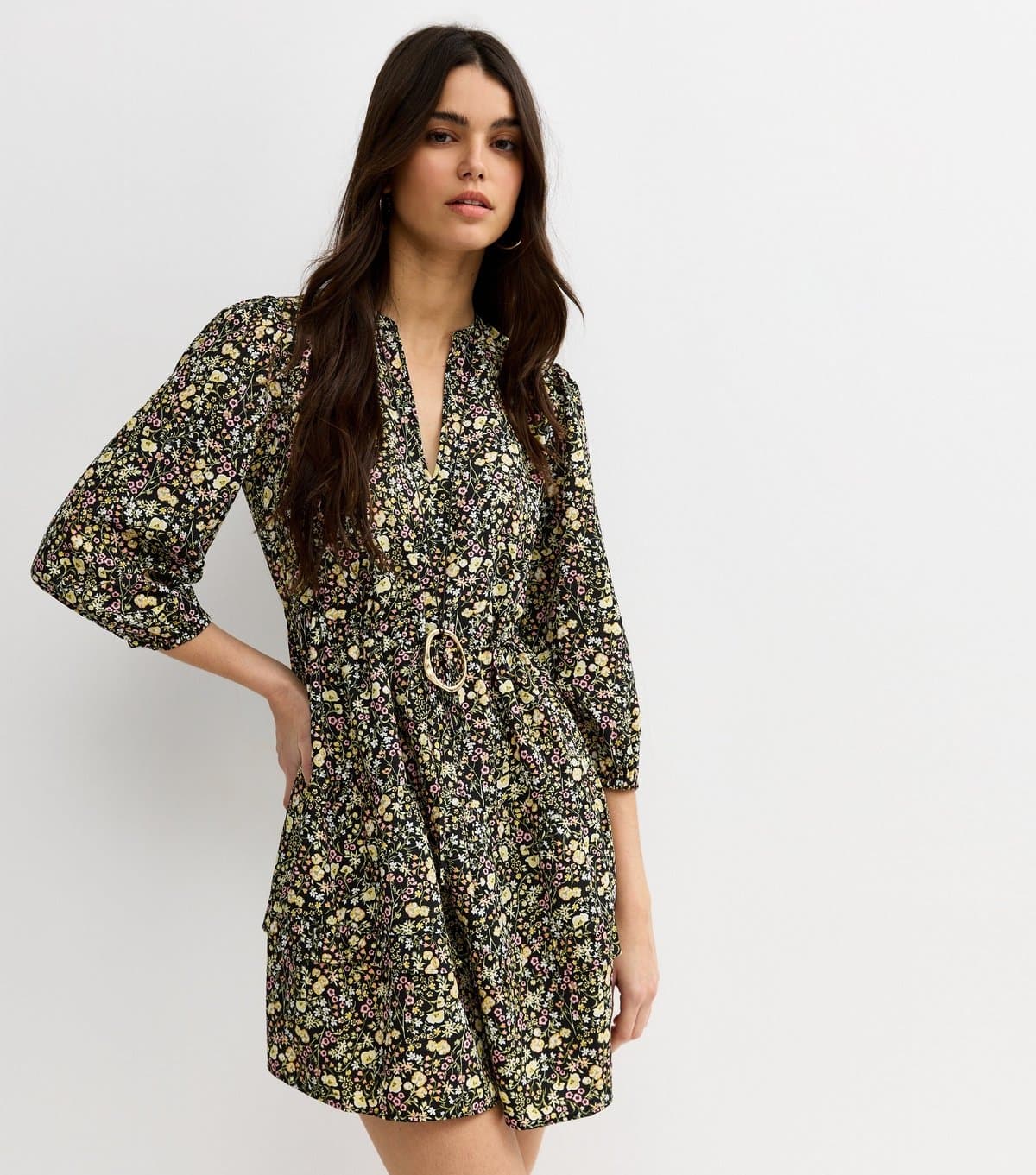 New Look Women's Black Ditsy Floral Tiered Mini Dress New Look