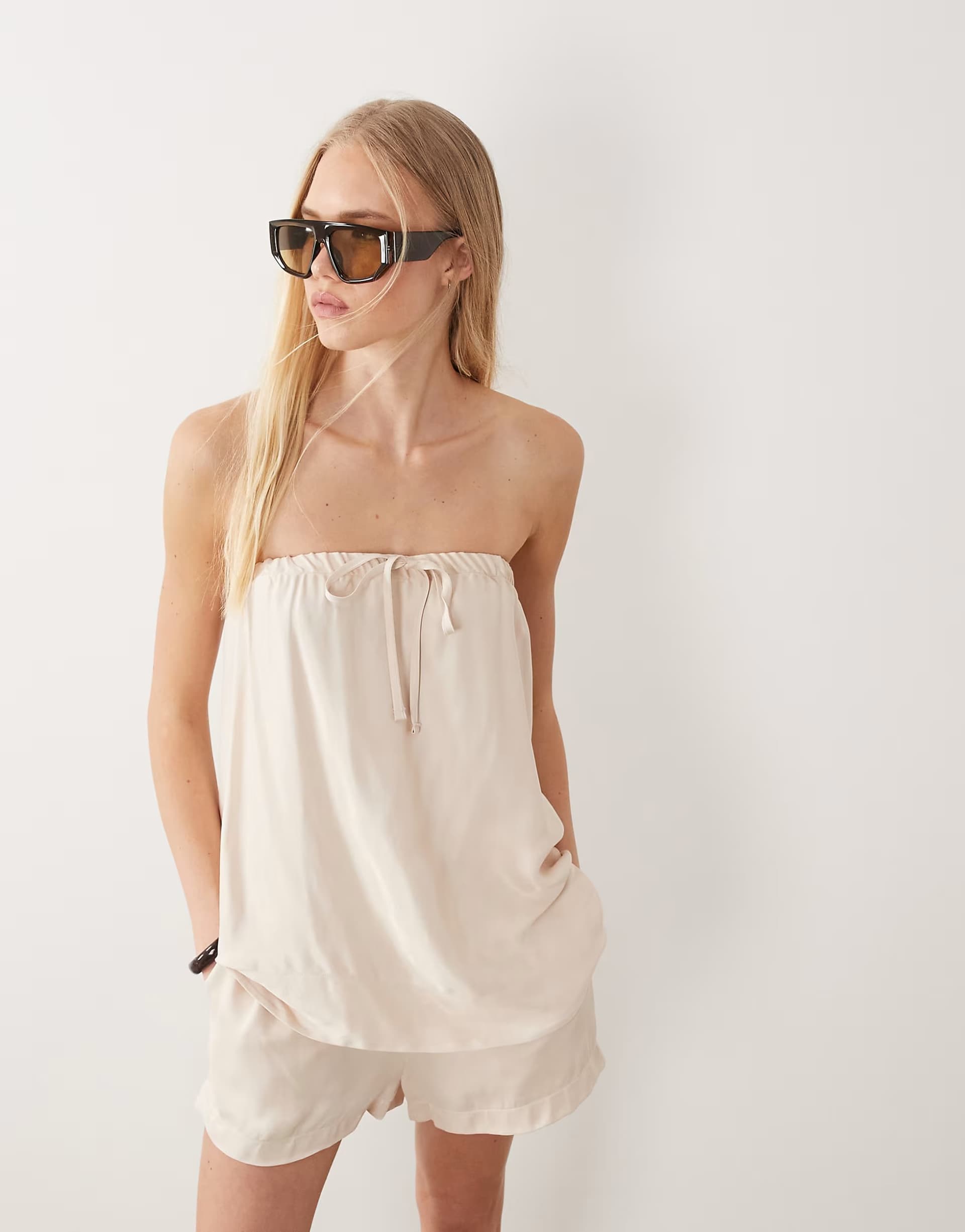 ASOS ASOS DESIGN satin ruched bandeau top in ecru co ord