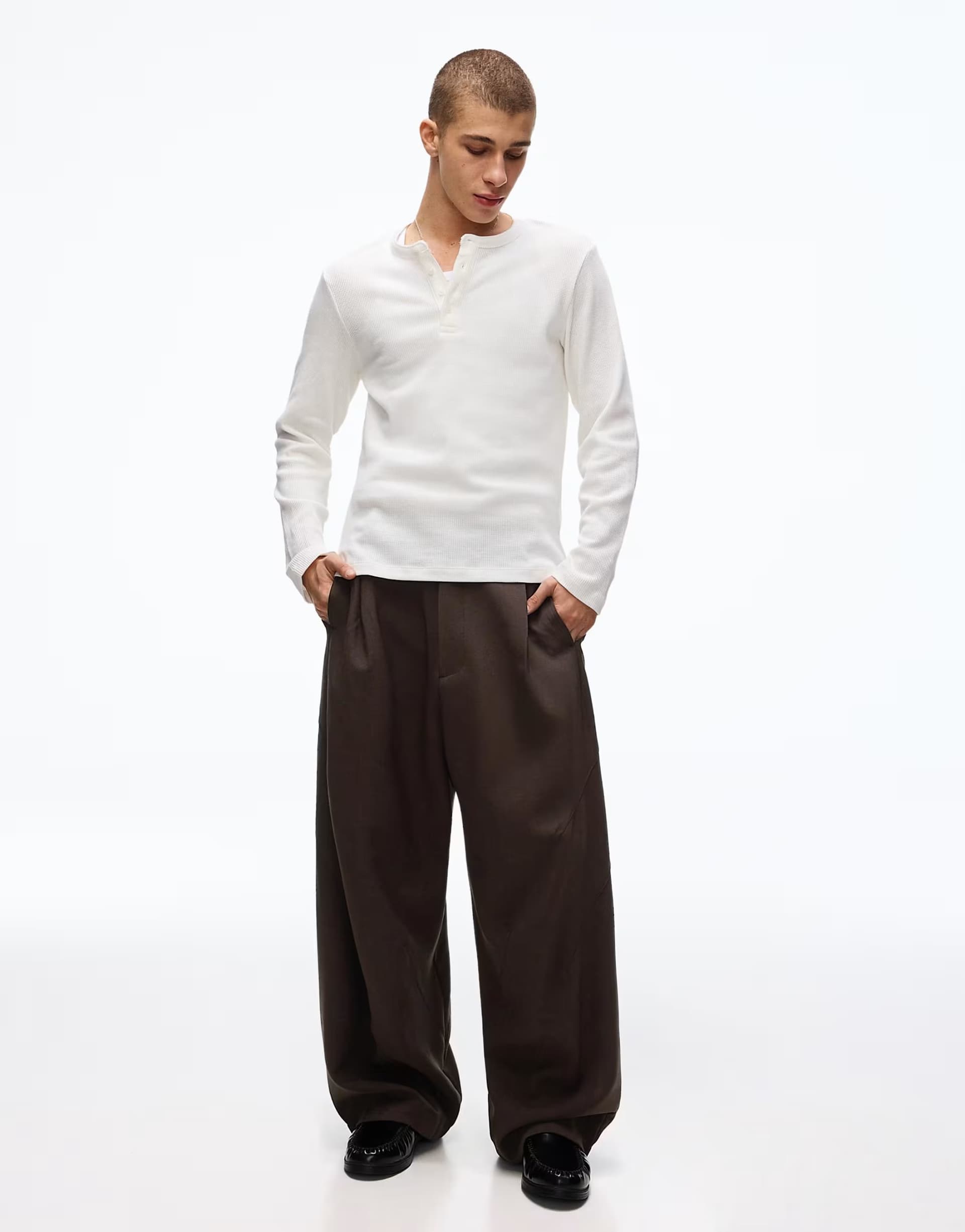 ASOS Bershka Barrel-leg tailored fit trousers with cut-outs in brown