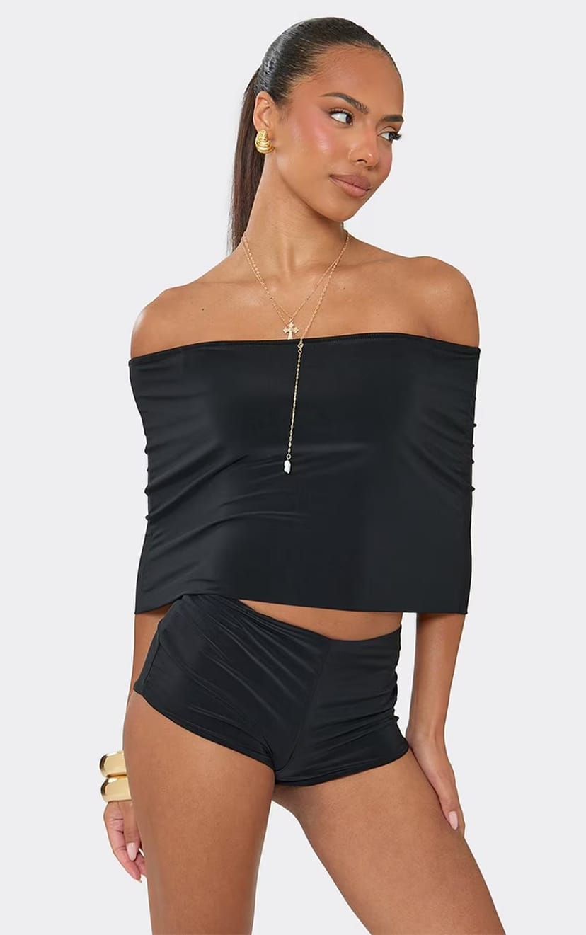 EGO Bardot Ruched Side Top In Black Slinky, Women's Size UK 6 - 1