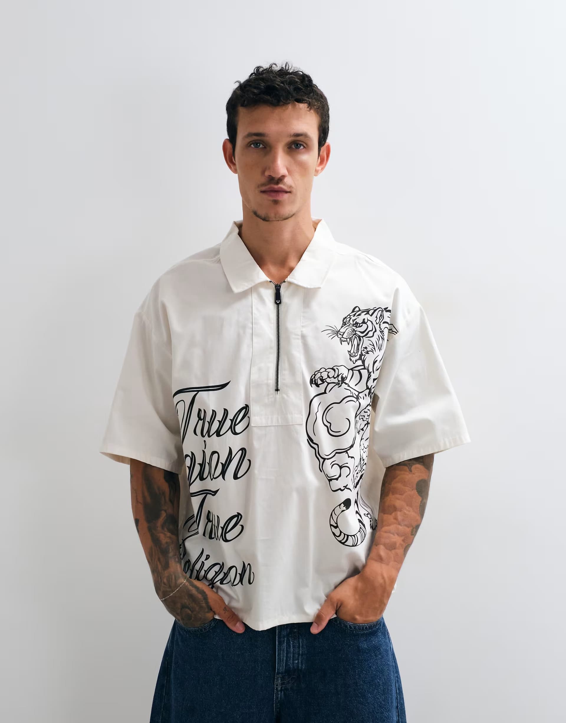 ASOS True Religion short sleeve half zip tiger back print graphic shirt in white