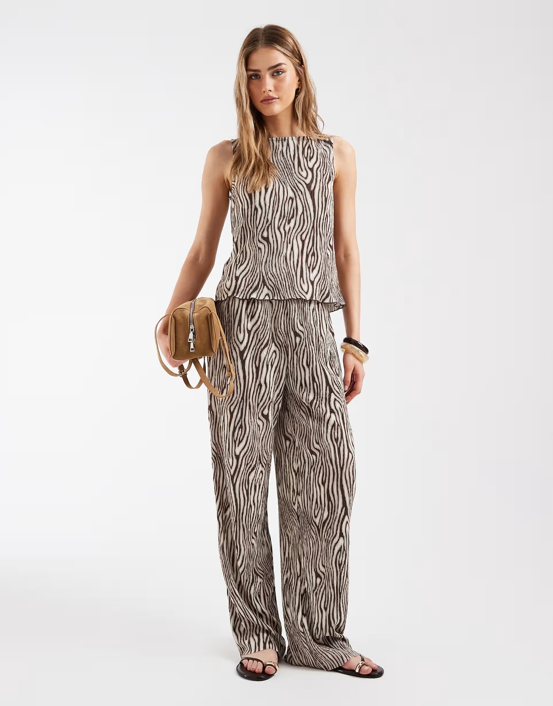 ASOS Pieces wide leg plisse trousers co-ord in brown animal print