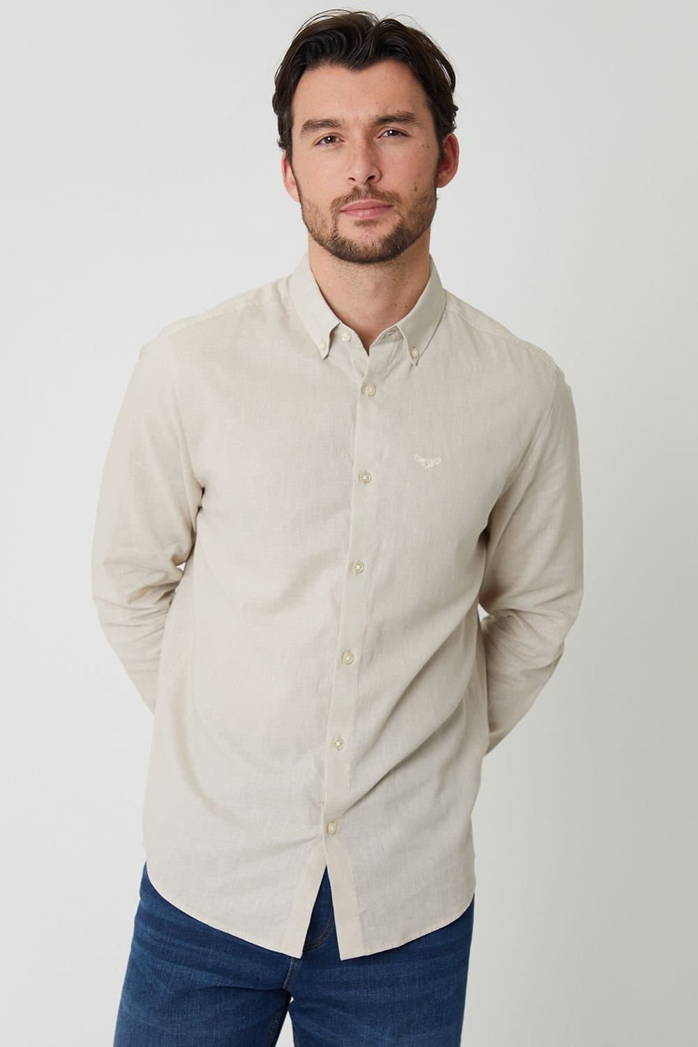 Threadbare Threadbare Men's Linen Blend Long Sleeve Shirt in Light Stone