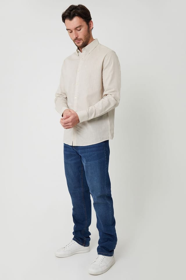 Threadbare Threadbare Men's Linen Blend Long Sleeve Shirt in Light Stone - 3