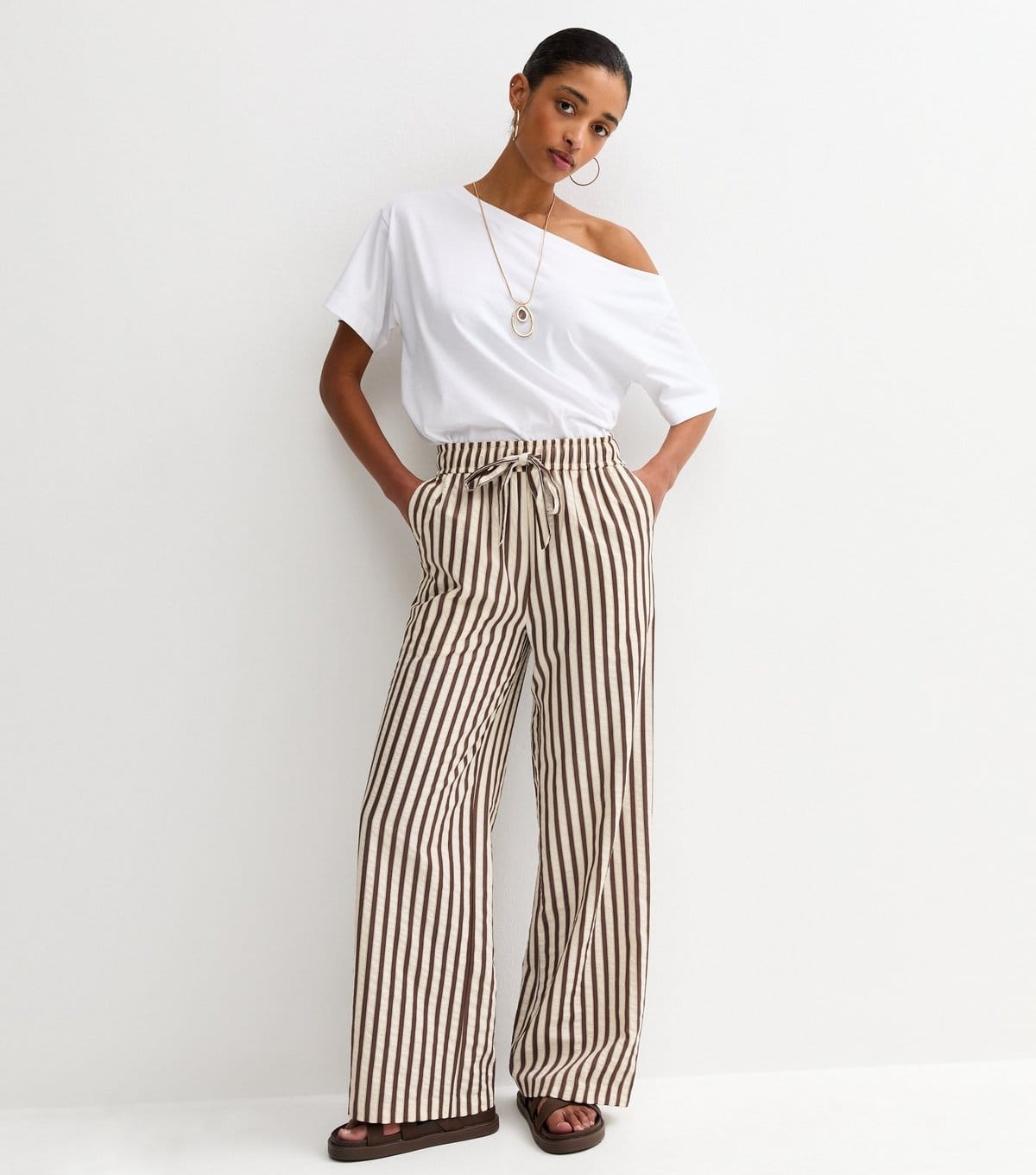 New Look Brown Striped Seersucker Wide Leg Trousers