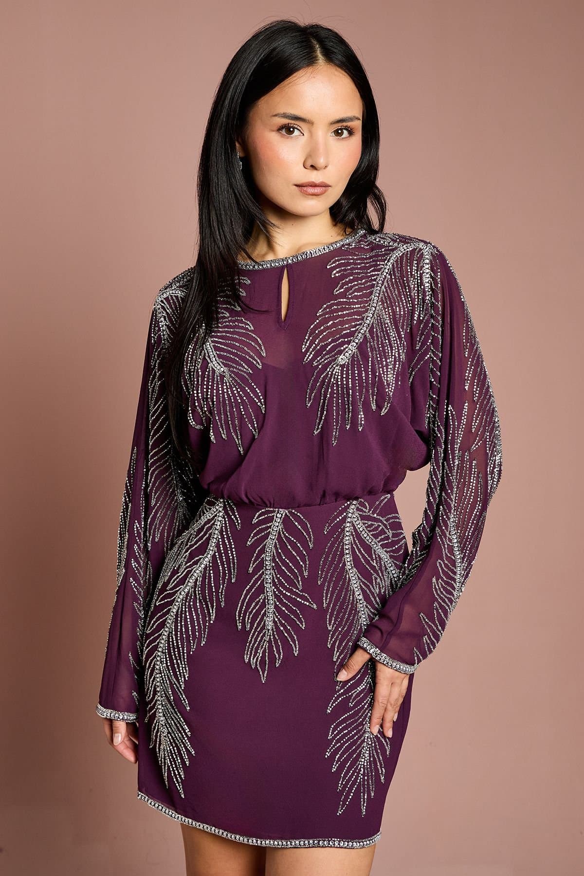 Coast Coast Women's Petite Long Sleeve Placement Feather Embellished Mini Dress in Red