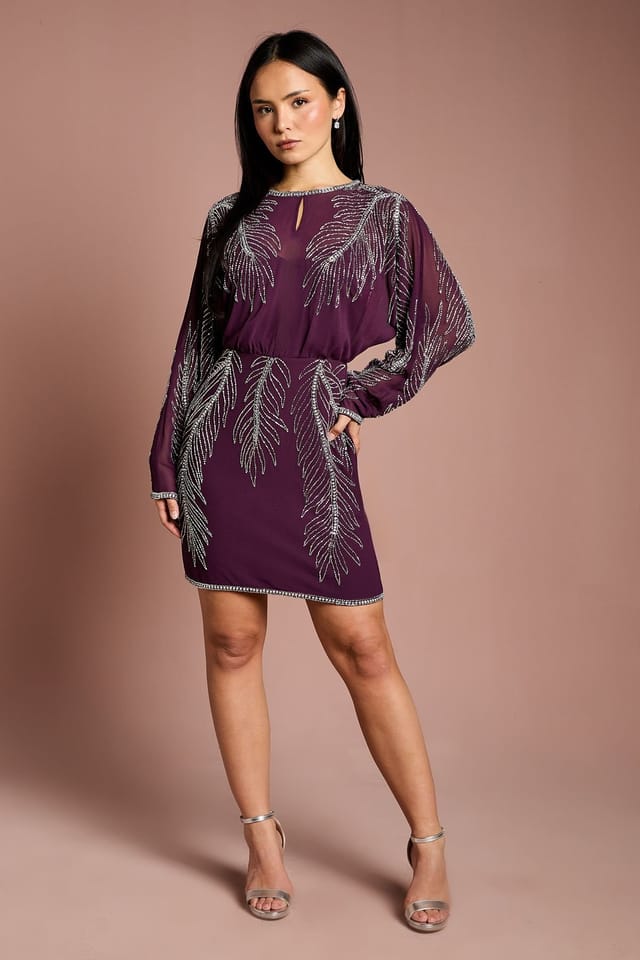 Coast Coast Women's Petite Long Sleeve Placement Feather Embellished Mini Dress in Red - 2