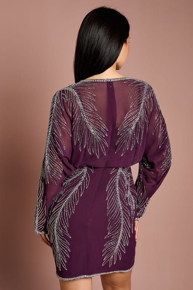 Coast Coast Women's Petite Long Sleeve Placement Feather Embellished Mini Dress in Red - 3