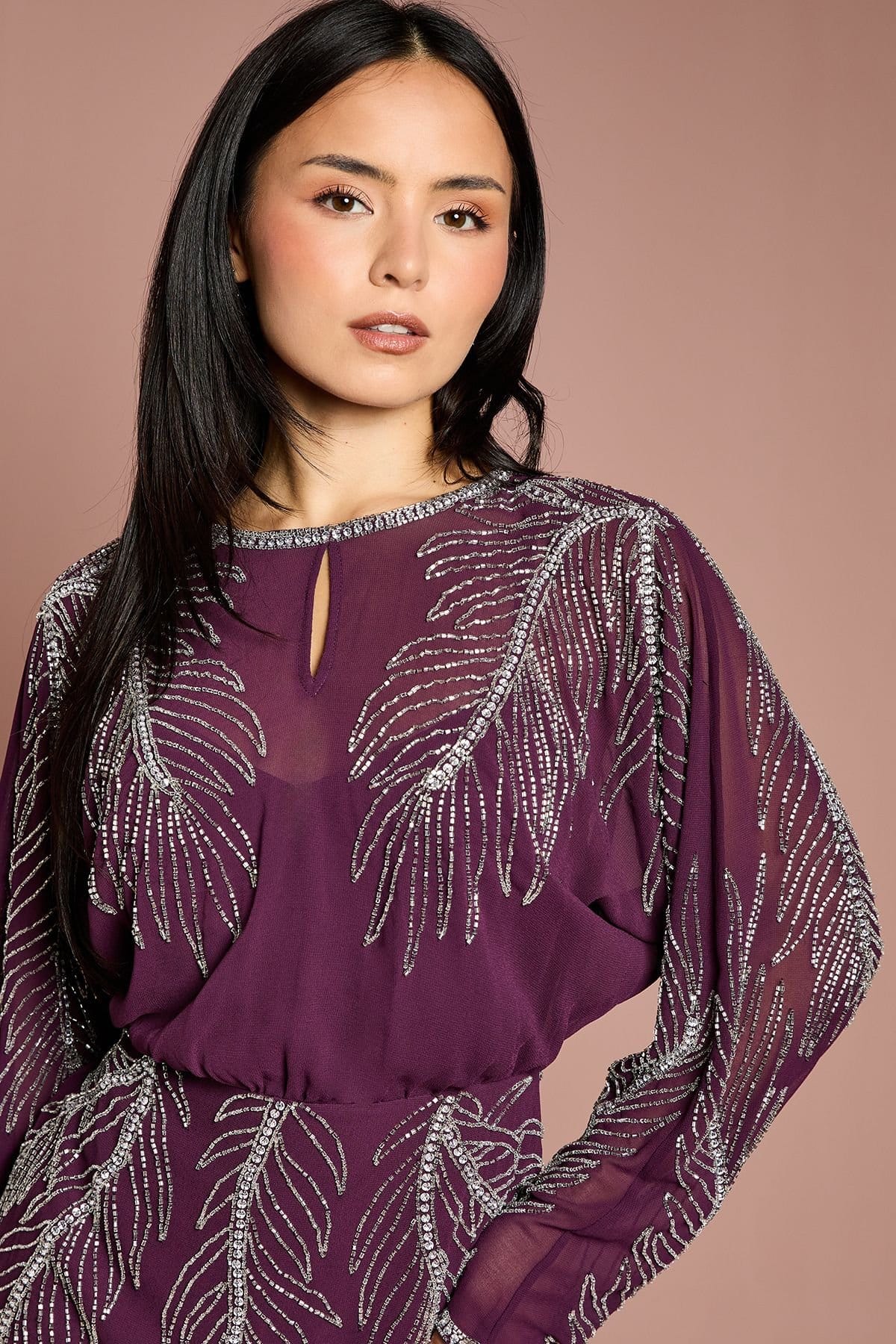 Coast Coast Women's Petite Long Sleeve Placement Feather Embellished Mini Dress in Red - 4