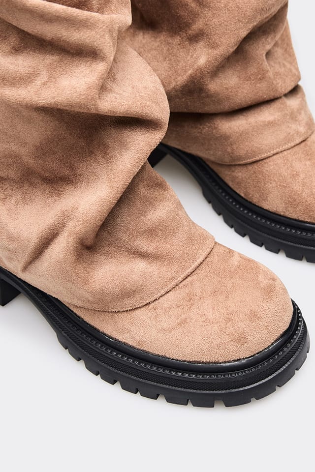 EGO EGO Women's Knee High Layered Faux Suede Chunky Long Boots in Beige - 2