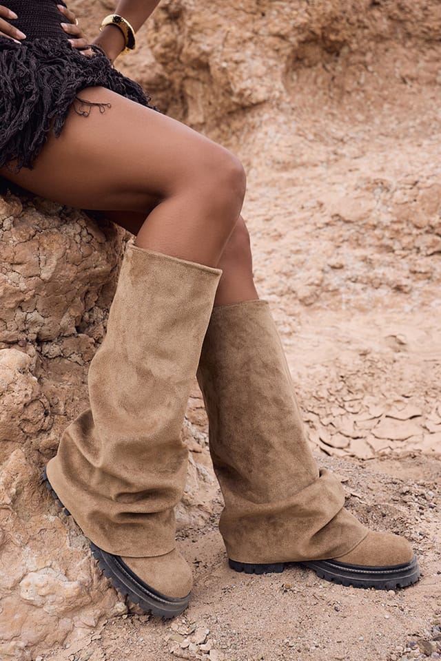 EGO EGO Women's Knee High Layered Faux Suede Chunky Long Boots in Beige - 3