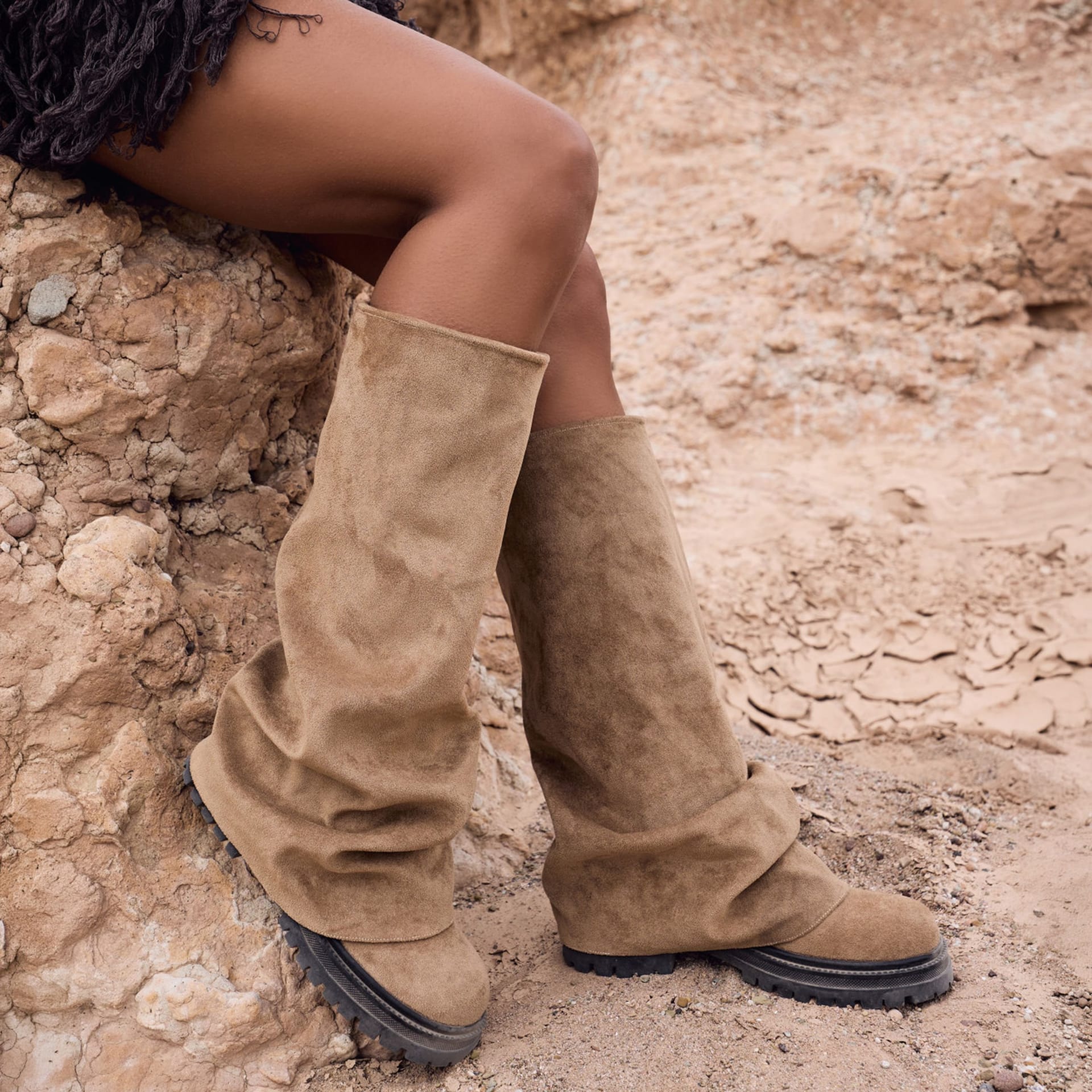EGO EGO Women's Knee High Layered Faux Suede Chunky Long Boots in Beige - 4