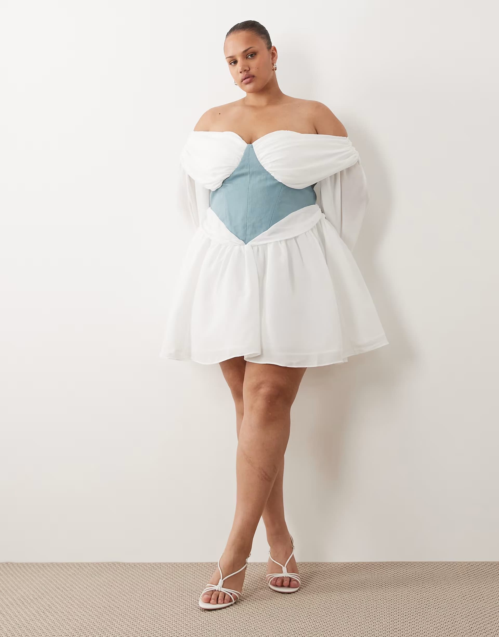 ASOS ASOS LUXE Curve off shoulder white tulle mini dress with corset waist in blue