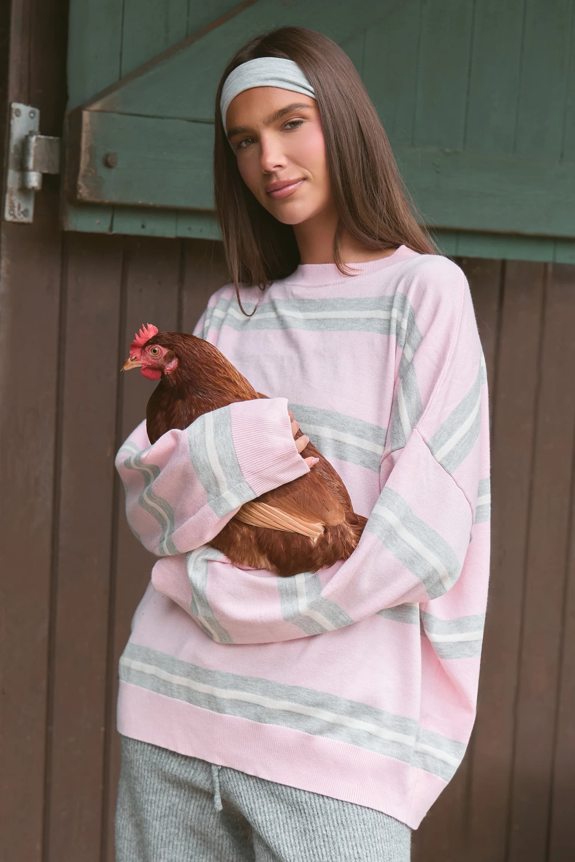 Kaiia Kaiia Knit Striped Oversized Sweatshirt Baby Pink & Grey
