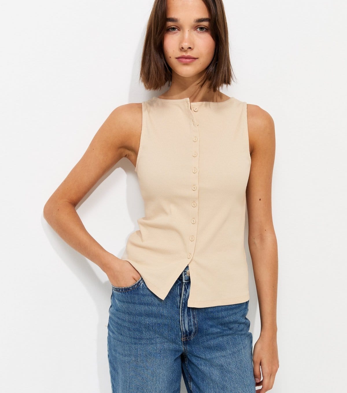 New Look Women's Stone Cotton Rich Button Through Tank Top New Look - 1