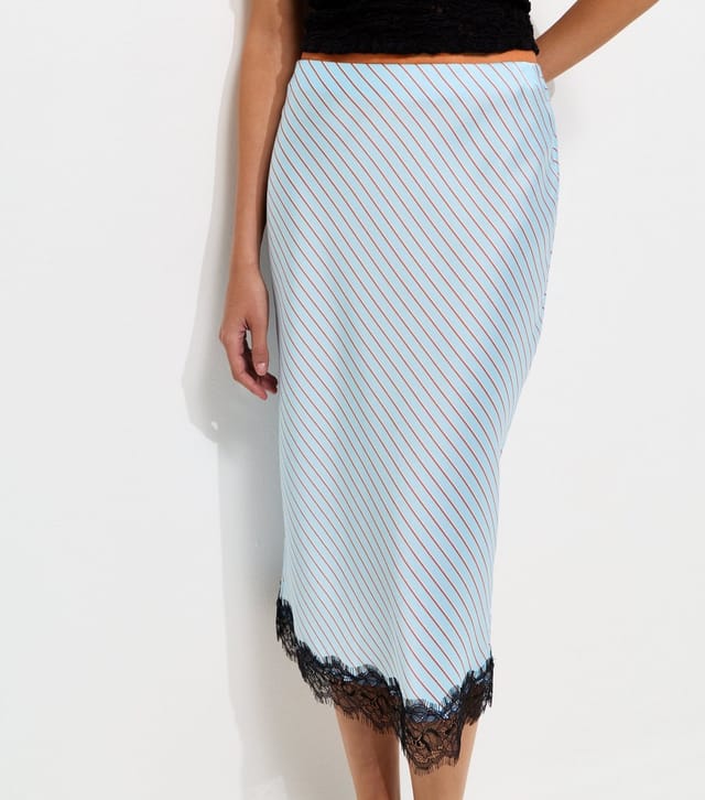 New Look Women's Light Blue Diagonal Stripe Lace Trim Satin Skirt New Look - 2