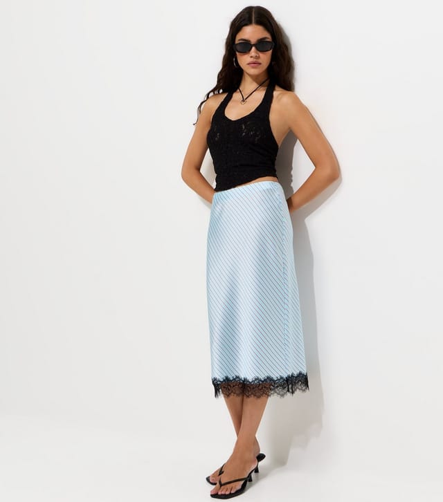 New Look Women's Light Blue Diagonal Stripe Lace Trim Satin Skirt New Look - 3