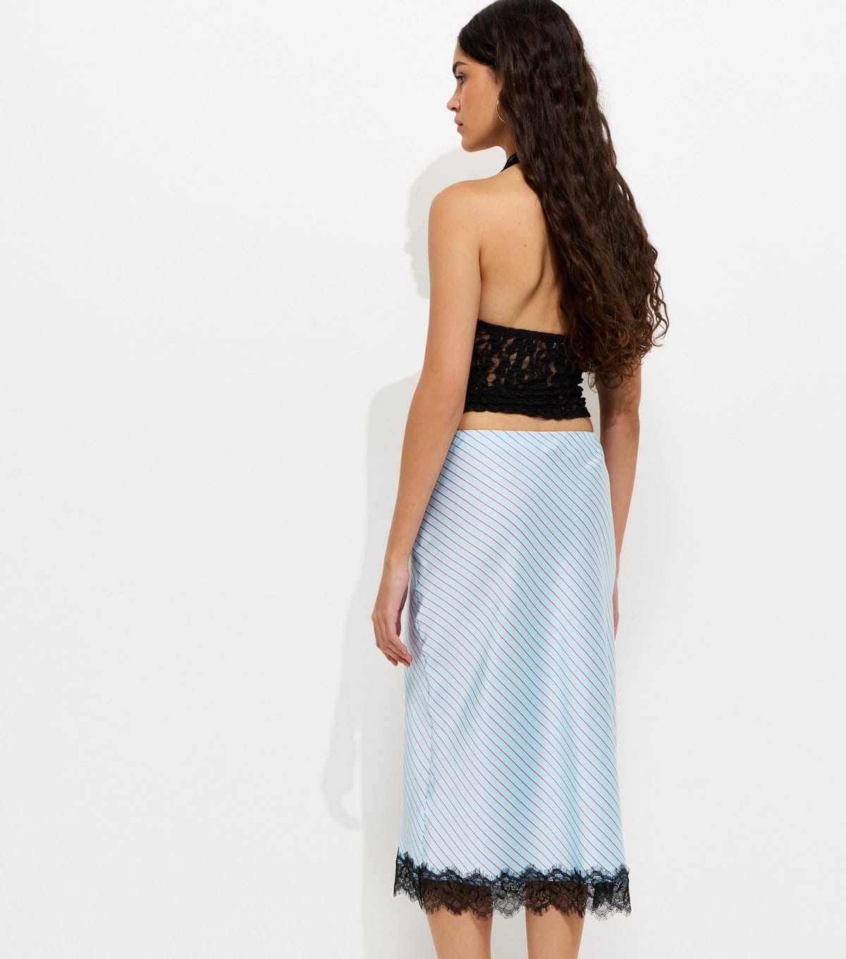 New Look Women's Light Blue Diagonal Stripe Lace Trim Satin Skirt New Look - 4