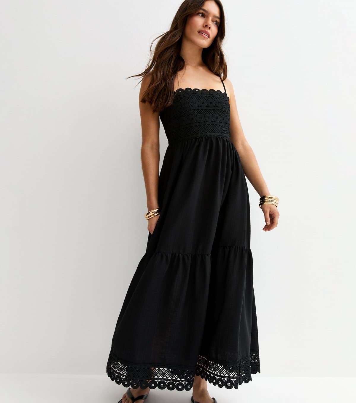 New Look Women's Petite Black Crochet Panel Maxi Dress New Look