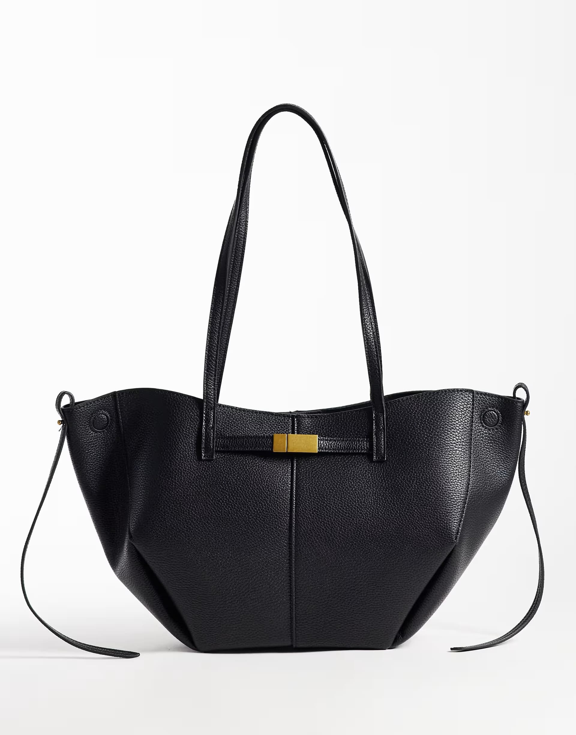 ASOS Gina Tricot long strap tote bag with gold buckle detail in black